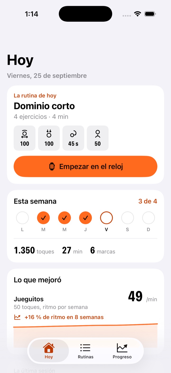 La pantalla Hoy: la rutina del día, Dominio corto, con el botón Empezar en el reloj y la semana con tres de cuatro sesiones.