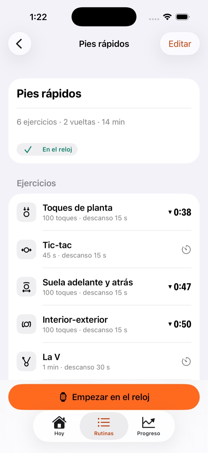 La rutina Pies rápidos: seis ejercicios, dos vueltas, catorce minutos, cada uno con su meta, su descanso y su marca.