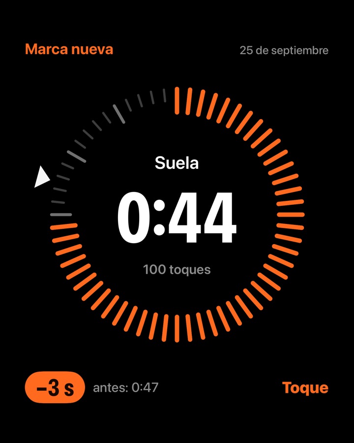 La tarjeta de una marca nueva: Suela, cien toques en 0:44, tres segundos menos que antes.