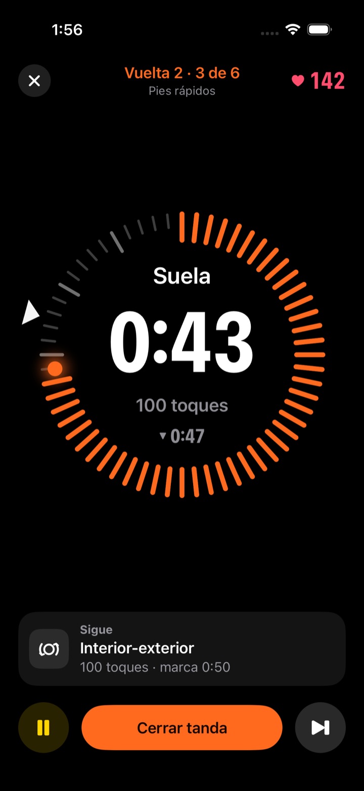 El marcador en el iPhone: Suela, 0:43, cien toques, la marca en 0:47 y abajo el que sigue, Interior-exterior.